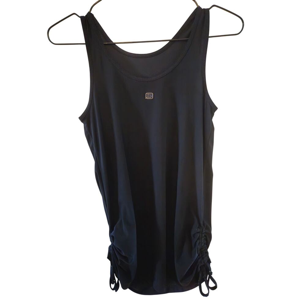 Bally Total Fitness Stretchy Black Workout Tank Adjustable Ruch Sides Small B67